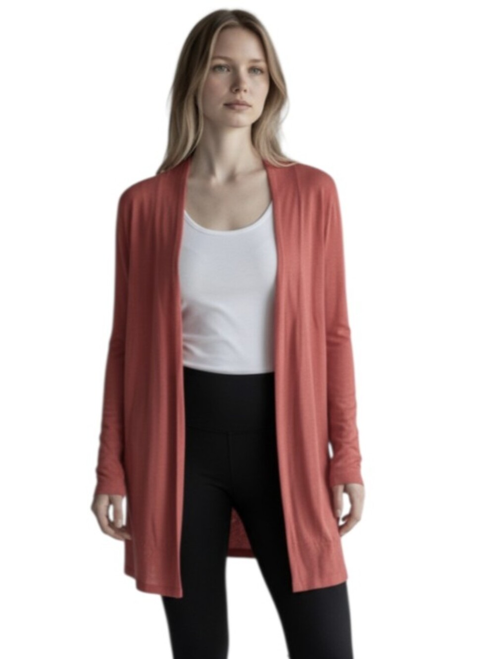 LOFT! GUAVA PINK/ORANGE LACEY TRIM STITCHED LONG CARDIGAN SWEATER! SZ XL